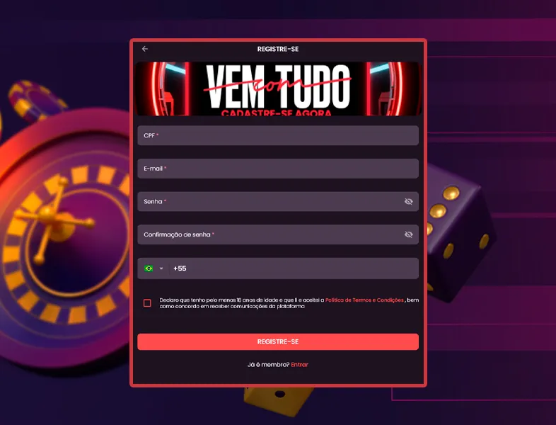 Informações pessoais para registro.